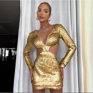 Women Sequin Mini Dress Cut Out Large Gold/Yellow V-Neck Long Sleeve Zipper Back